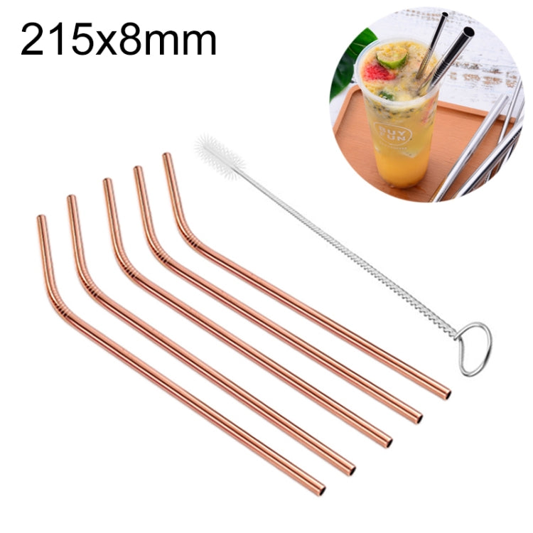 5pcs Reusable Stainless Steel Bent Drinking Straw + Cleaner Brush Set Kit, 215*8mm, 215*8mm (Bent)