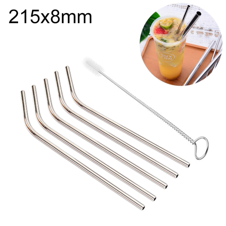 5pcs Reusable Stainless Steel Bent Drinking Straw + Cleaner Brush Set Kit, 215*8mm