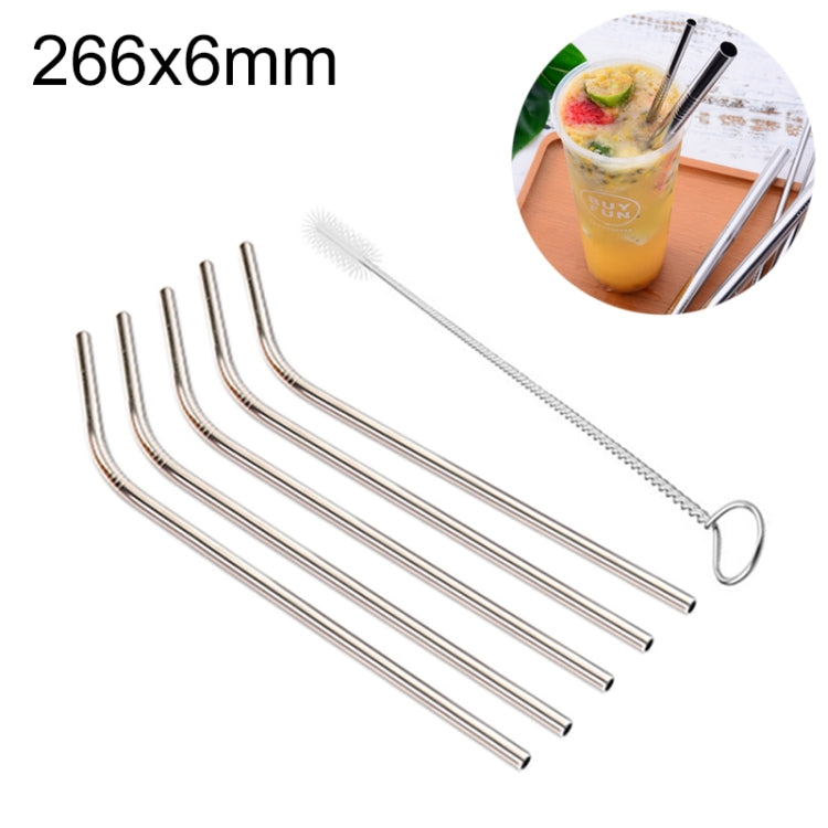 5pcs Reusable Stainless Steel Bent Drinking Straw + Cleaner Brush Set Kit, 266*6mm