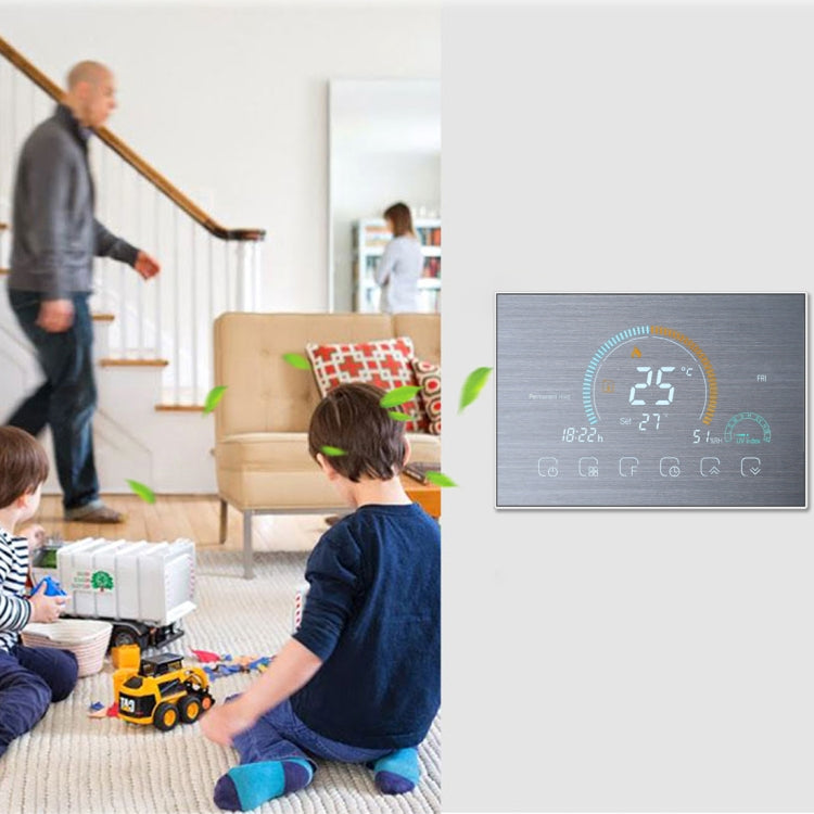 BHT-8000-GALW-SS Brushed Stainless Steel Mirror Control Water Heating Energy-saving and Environmentally-friendly Smart Home Negative Display LCD Screen Round Room Thermostat with WiFi, with WiFi