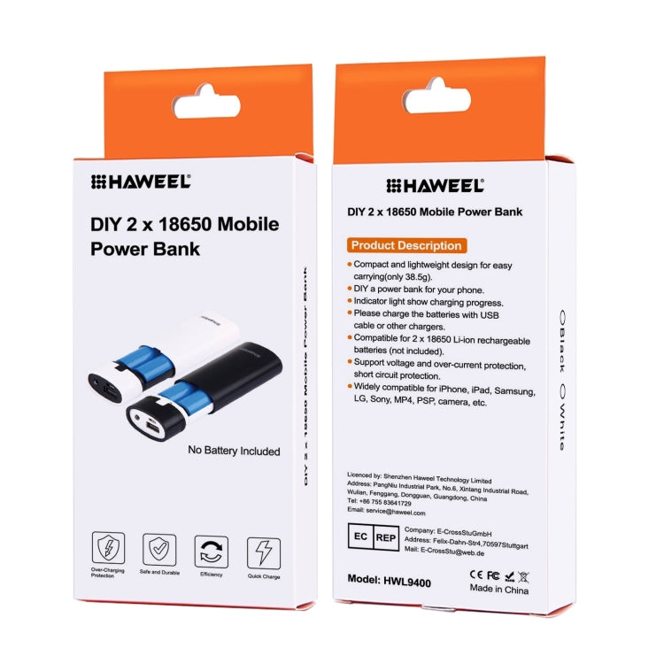 HAWEEL DIY 2x 18650 Battery (Not Included) 5600mAh Power Bank Shell Box with USB Output & Indicator, DIY 2 Batteries(Black), DIY 2 Batteries(White)