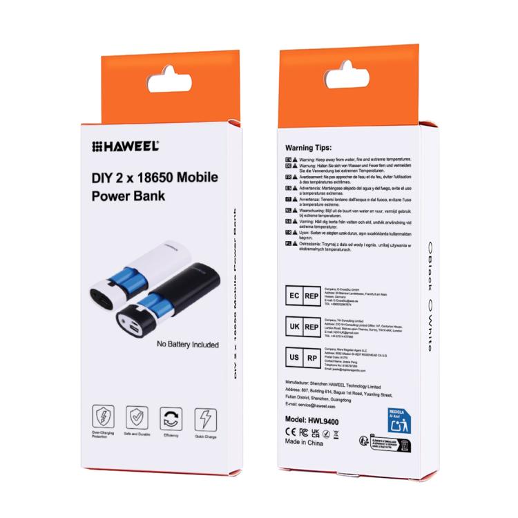 Boîtier de batterie externe Haweel DIY 2x 18650 (non inclus) 5600 mAh avec sortie USB et indicateur, 2 batteries DIY (noires), 2 batteries DIY (blanches)