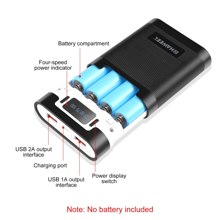 HAWEEL DIY 4x 18650 Battery (Not Included) 10000mAh Dual-way QC Charger Power Bank Shell Box with 2x USB Output & Display, Support PD / QC / SCP / FCP / AFC / PPS / PE, DIY 4x 18650 Batteries 10000mAh QC