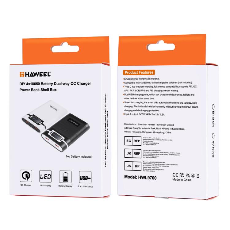 HAWEEL DIY 4x 18650 Battery (Not Included) 10000mAh Dual-way QC Charger Power Bank Shell Box with 2x USB Output & Display, Support PD / QC / SCP / FCP / AFC / PPS / PE, DIY 4x 18650 Batteries 10000mAh QC