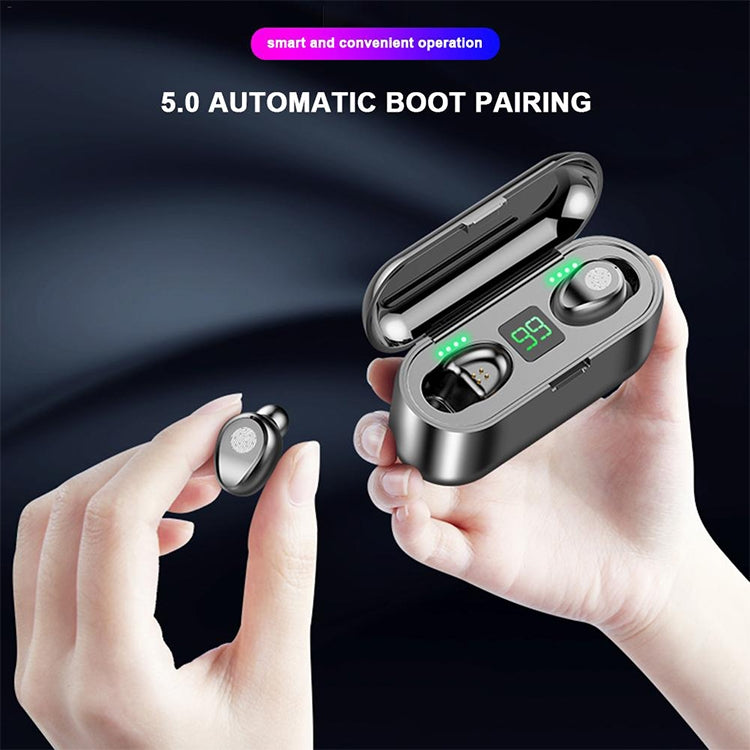 F9 TWS V5.0 Touch Control Binaural Wireless Bluetooth Headset with Charging Case and Digital Display, F9