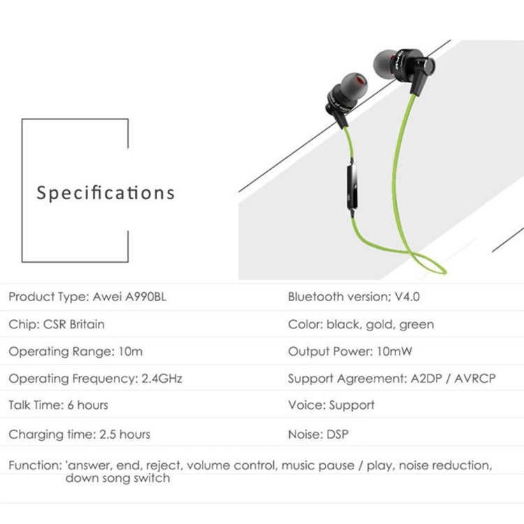 AWEI A990BL Wireless Sport Bluetooth Stereo Earphone with Wire Control + Mic, Support Handfree Call