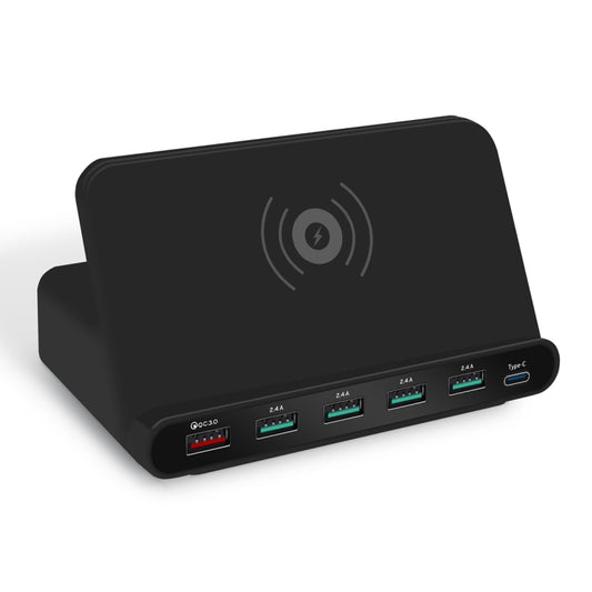 828W 7 in 1 60W QC 3.0 USB Interface + 4 USB Ports + USB-C / Type-C Interface + Wireless Charging Multi-function Charger with Mobile Phone Holder Function, US Plug, US Plug Black, US Plug White