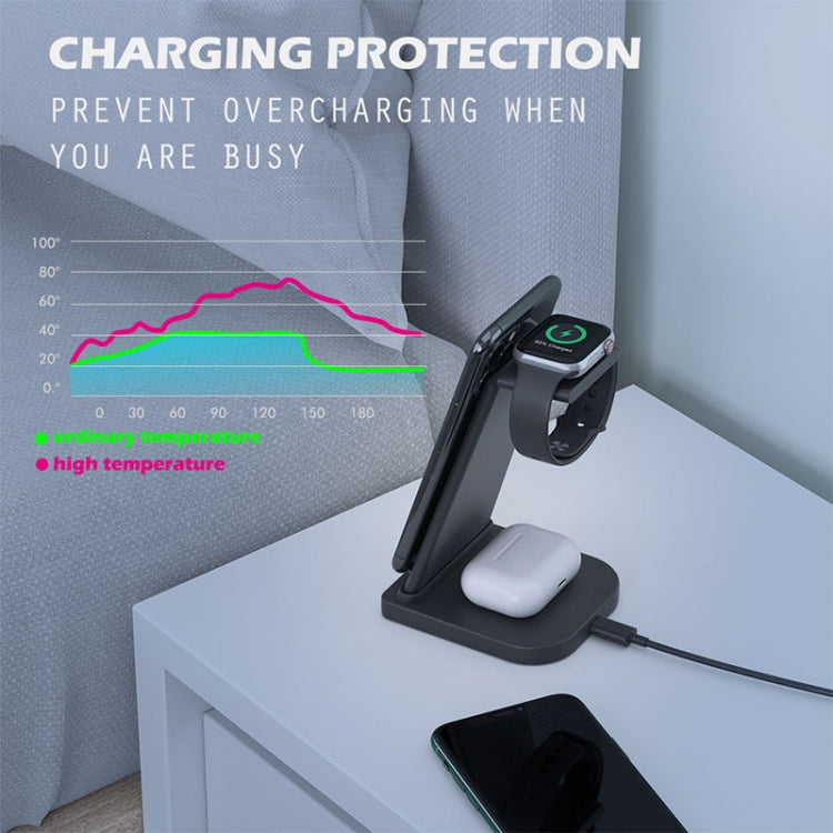 10W 3 in 1 QC 3.0 Vertical Multi-function Wireless Charger with Stand Function, Suitable for Mobile Phones / Apple Watch / AirPods