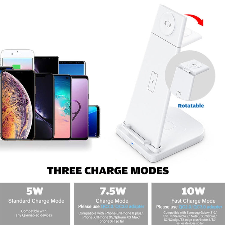 10W 3 in 1 QC 3.0 Vertical Multi-function Wireless Charger with Stand Function, Suitable for Mobile Phones / Apple Watch / AirPods