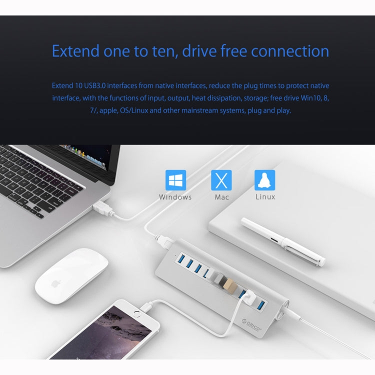 ORICO M3H10-U3-V2 Aluminum Alloy 10 USB 3.0 Ports HUB, M3H10-U3-V2