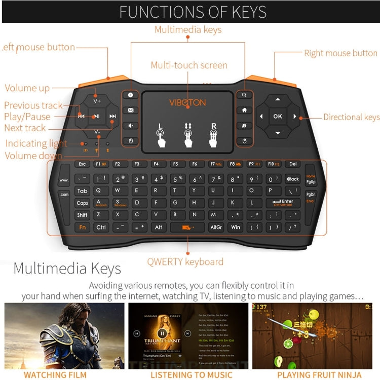 VIBOTON i8 Plus Updated 2.4GHz QWERT Mini Wireless Keyboard with Touchpad for TV Box, Mi Box, Computer, Tablet, Laptop and Projector(Black)