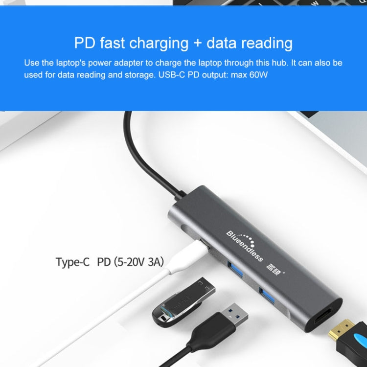 Blueendless 4 In 1 Multi-function Type-C / USB-C to HDMI + PD + Dual USB 3.0 HUB Expansion Dock, 4 In 1 HDMI + PD + Dual USB 3.0
