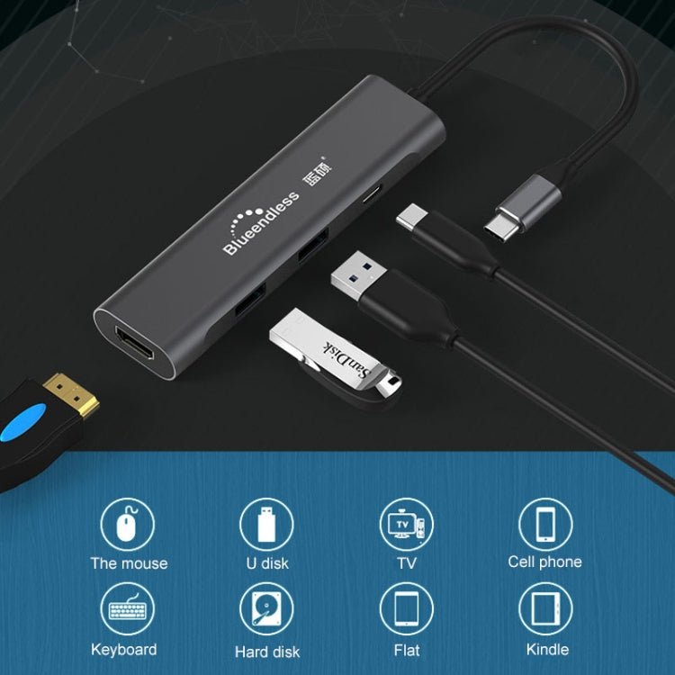Blueendless 4 In 1 Multi-function Type-C / USB-C to HDMI + PD + Dual USB 3.0 HUB Expansion Dock, 4 In 1 HDMI + PD + Dual USB 3.0