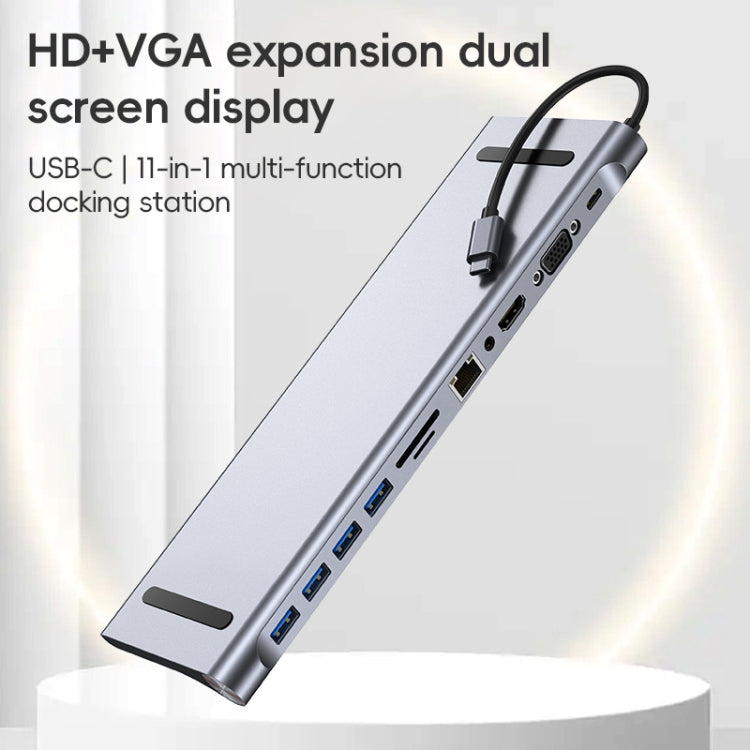 AD-059 11 in 1 USB-C / Type-C to 4K HDMI + VGA + SD / TF Card Slot + Gigabit Ethernet + 3.5mm AUX + USB-C / Type-C + 4 USB 3.0 Multifunctional Docking Station HUB, 11 in 1