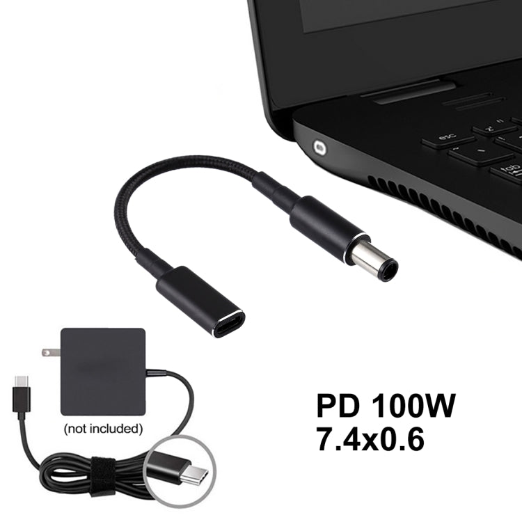 PD 100W 18.5-20V 7.4 x 0.6mm to USB-C / Type-C Adapter Nylon Braid Cable for HP, 7.4 x 0.6mm