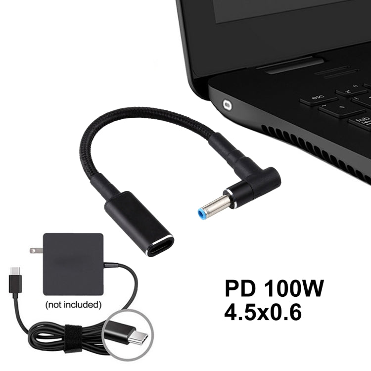 PD 100W 18.5-20V 4.5 x 0.6mm Elbow to USB-C / Type-C Adapter Nylon Braid Cable for HP, 4.5 x 0.6mm