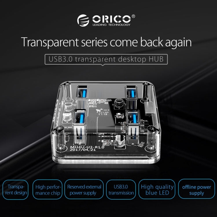 ORICO MH4U-30 USB 3.0 Transparent Desktop HUB with 30cm Micro USB Cable, MH4U-30