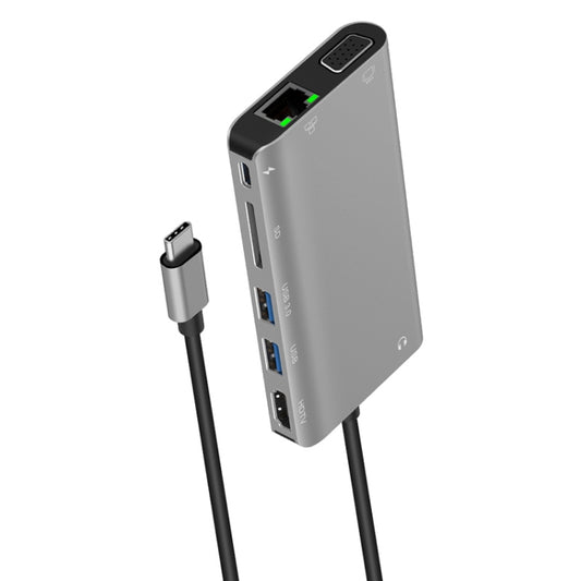 Onten 9591BD Hub 8 en 1 USB-C / Type-C vers charge PD USB-C / Type-C + Ethernet Gigabit + double USB 3.0 + HDMI + VGA + lecteur de carte SD + AUX 3,5 mm, 9591BD Gris, 9591BD Argent