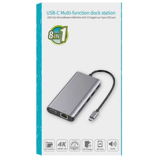 Onten 9591BD 8 in 1 USB-C / Type-C to PD USB-C / Type-C Charging + 100M Ethernet Port + Dual USB 3.0 + HDMI + VGA + SD Card Slot + 3.5mm AUX HUB, 9591BD Black 100M Ethernet Port, 9591BD Grey 100M Ethernet Port, 9591BD Silver 100M Ethernet Port