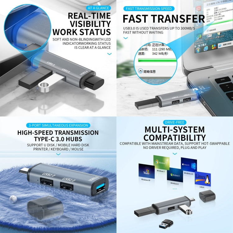 3 Ports USB 2.0 x 2 + USB 3.0 to USB-C / Type-C HUB Adapter, USB2.0x2+USB3.0 to Type-C