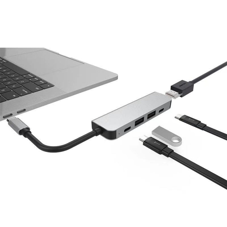5 in 1 HDMI + USB x 2 + PD x 2 to USB-C / Type-C HUB Adapter, HDMI + USB x 2 + PD x 2