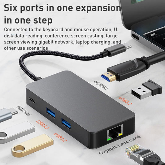 BYL-2308 Adaptateur HUB USB-C / Type-C 6 en 1 vers USB3.2 + Internet Gigabit + HDTV, BYL-2308