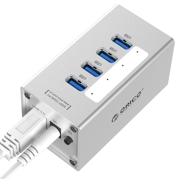 ORICO A3H4 Aluminum High Speed 4 Ports USB 3.0 HUB with 12V/2.5A Power Supply for Laptops, 4 Ports (Silver)