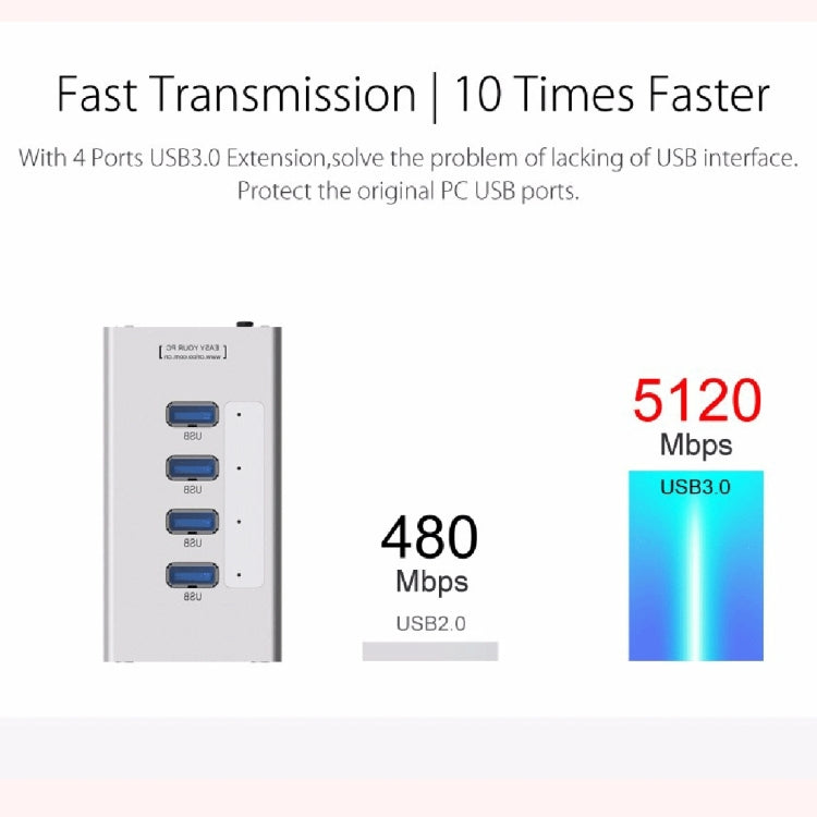 ORICO A3H4 Aluminum High Speed 4 Ports USB 3.0 HUB with 12V/2.5A Power Supply for Laptops, 4 Ports (Silver)