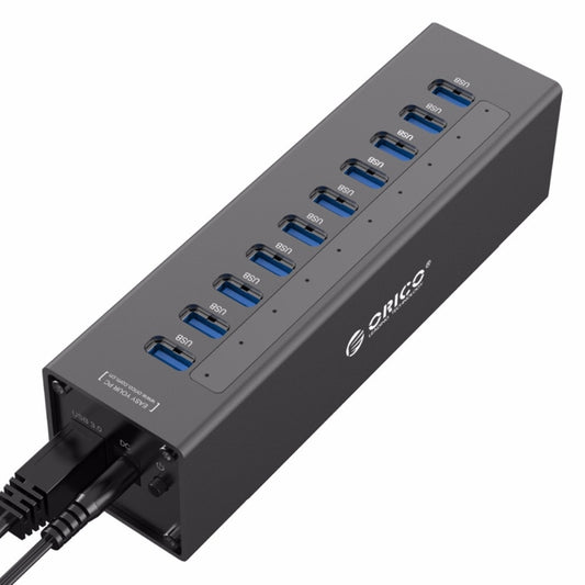 ORICO A3H10 Aluminum High Speed 10 Ports USB 3.0 HUB with Power Adapter for Laptops, 10 Ports (Black)