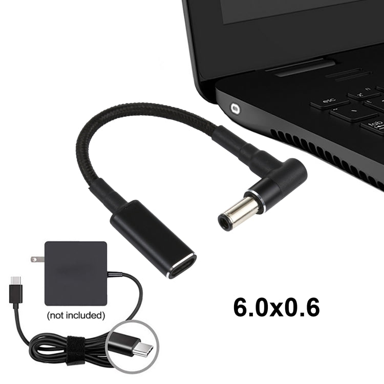 PD 100W 18.5-20V 6.0 x 0.6mm Elbow to USB-C / Type-C Adapter Nylon Braid Cable, 6.0 x 0.6mm