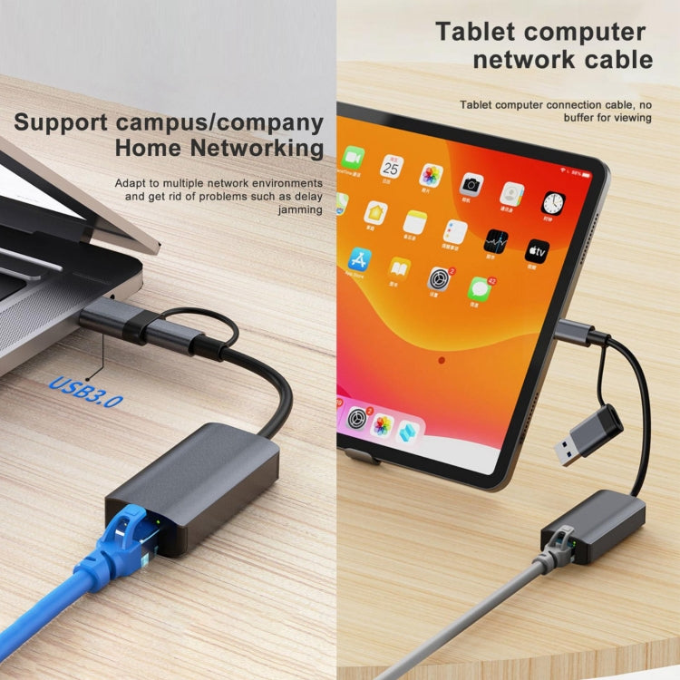 BYL-2207TU 2 in 1 USB + Type-C to RJ45 Docking Station HUB Adapter, BYL-2207TU