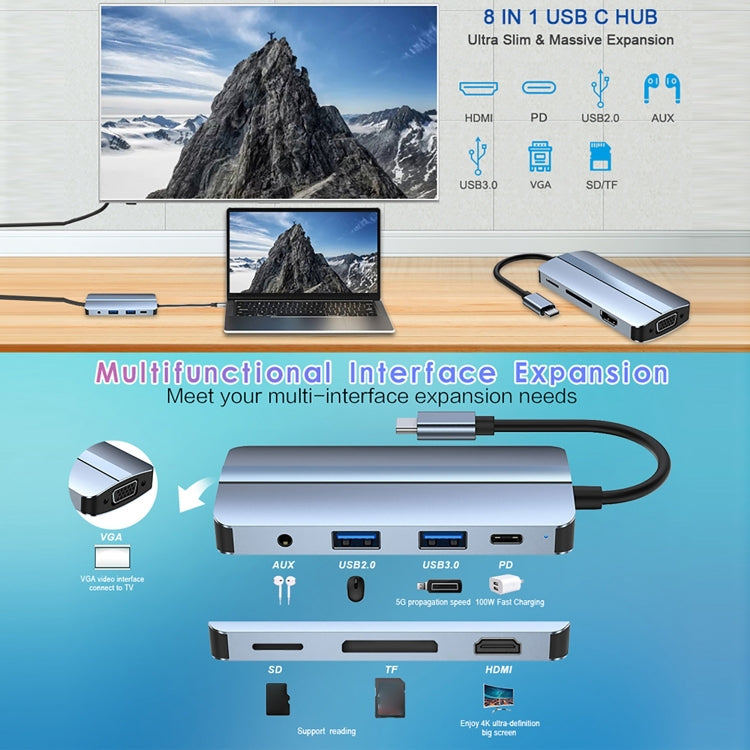 BYL-2105 8 in 1 USB-C / Type-C to USB Multifunctional Docking Station HUB Adapter, BYL-2105