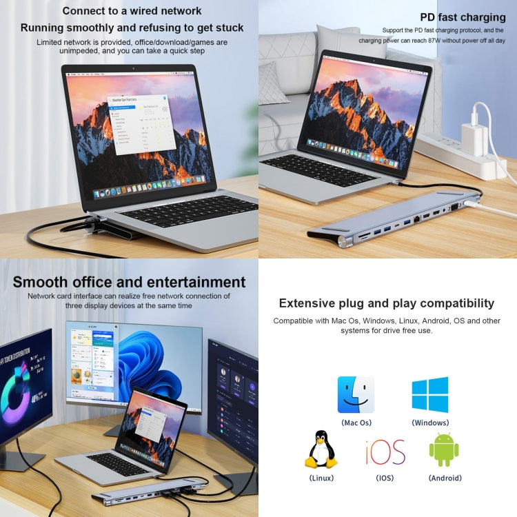 BYL-2003U2 12 in 1 USB-C / Type-C to USB Multifunctional Docking Station HUB Adapter, BYL-2003U2