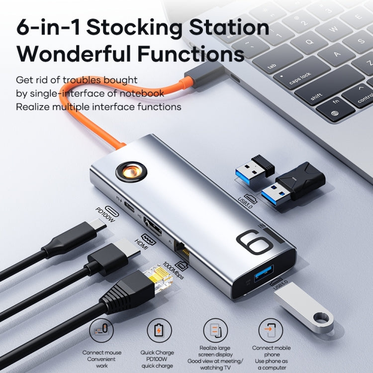 ROCK TR28 HDMI 4K Gigabit Network PD Quick Charger 6 in 1 USB 3.0 HUB, TR28 6 in 1 HUB