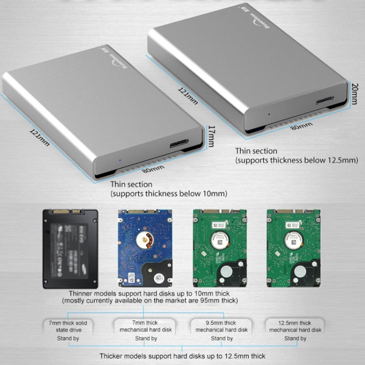 Blueendless U23Q SATA 2.5 inch Micro B Interface HDD Enclosure with USB-C / Type-C to USB-C / Type-C Cable, Support Thickness: 1cm or less, Type-C (1cm)