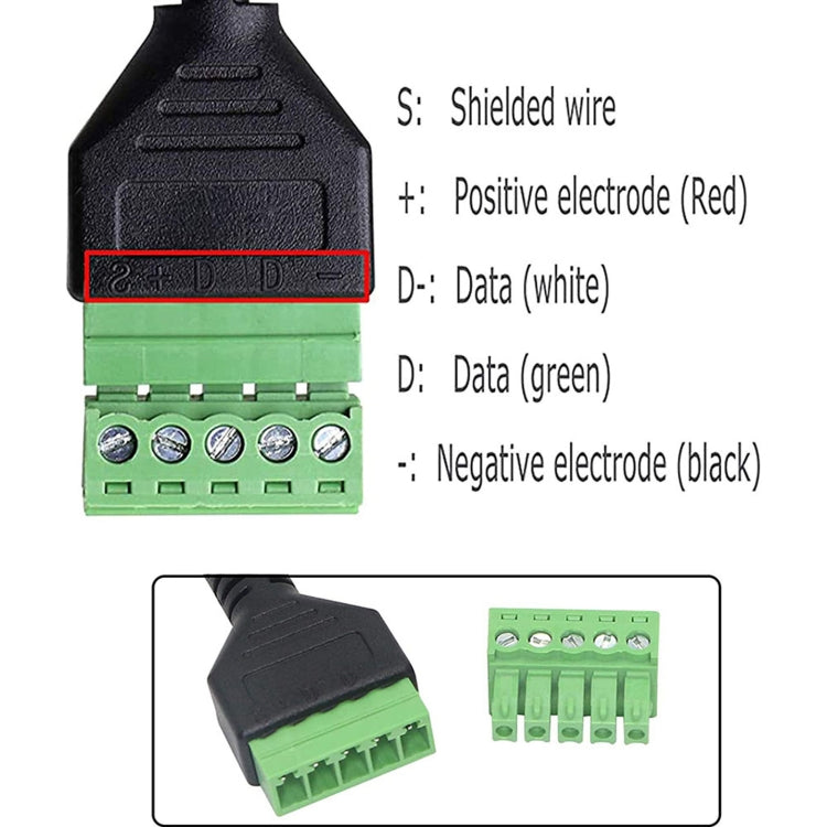 U-shaped Elbow USB-C / Type-C Male to 5 Pin Green Pluggable Terminal Solder-free Connector Cable