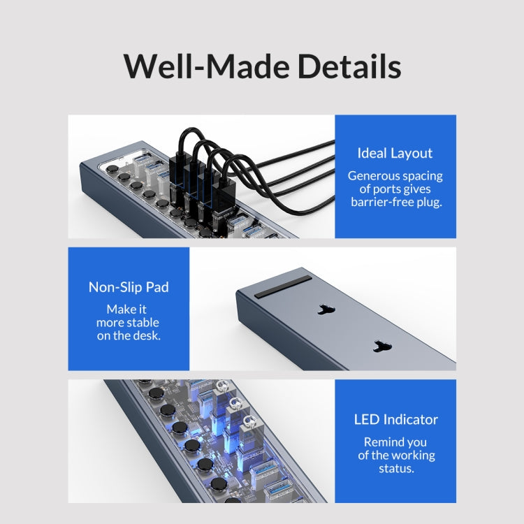 ORICO AT2U3-13AB-GY-BP 13 Ports USB 3.0 HUB with Individual Switches & Blue LED Indicator, US Plug, 13AB