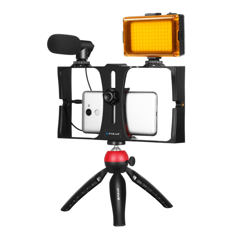 PULUZ 4 in 1 Vlogging Live Broadcast LED Selfie Light Smartphone Video Rig Kits with Microphone + Tripod Mount + Cold Shoe Tripod Head for iPhone, Galaxy, Huawei, Xiaomi, HTC, LG, Google, and Other Smartphones, 4-in-1(Blue), 4 in 1