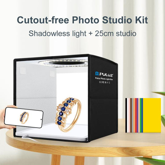 PULUZ 25cm Tente de Studio Photo Pliable Portable avec Anneau LED Haute CRI + Panneau Lumineux sans Ombre avec 12 Fonds, Taille: 25cm x 25cm x 25cm, Boîte Haute CRI 25cm + Lumière Sans Ombre, Boîte Haute CRI 25cm + Lumière Sans Ombre (RU)