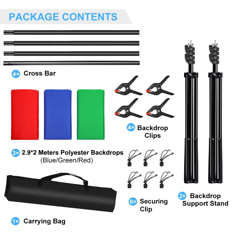 PULUZ 2.9x2m Photo Studio Background Support Stand Backdrop Crossbar Bracket Kit with Red / Blue / Green Backdrops, 2.9 x2 m (double stands), 2.9x2m (Double stands)