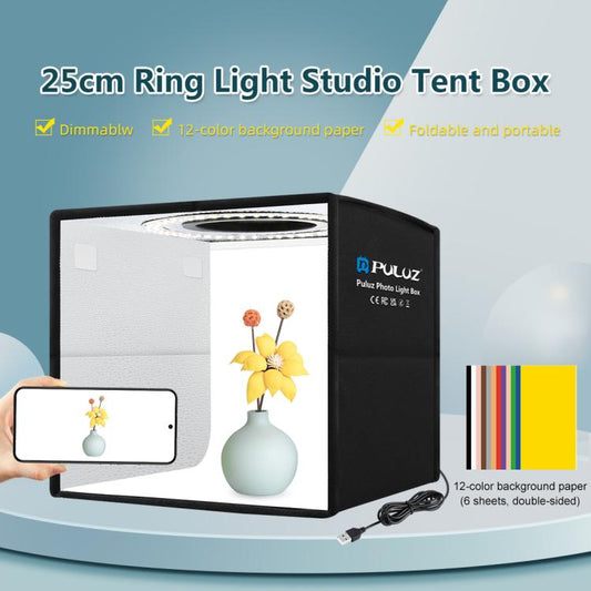 PULUZ 25cm Folding Portable Ring Light Photo Lighting Studio Shooting Tent Box with 12 Colors Backdrops, Size: 25cm x 25cm x 25cm, 25cm High CRI Box, 25cm High CRI Box US
