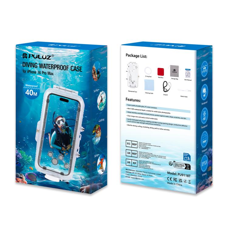 For iPhone 16 Pro Max PULUZ 40m/130ft Waterproof Diving Case with One-way Valve Photo Video Taking Underwater Housing Cover