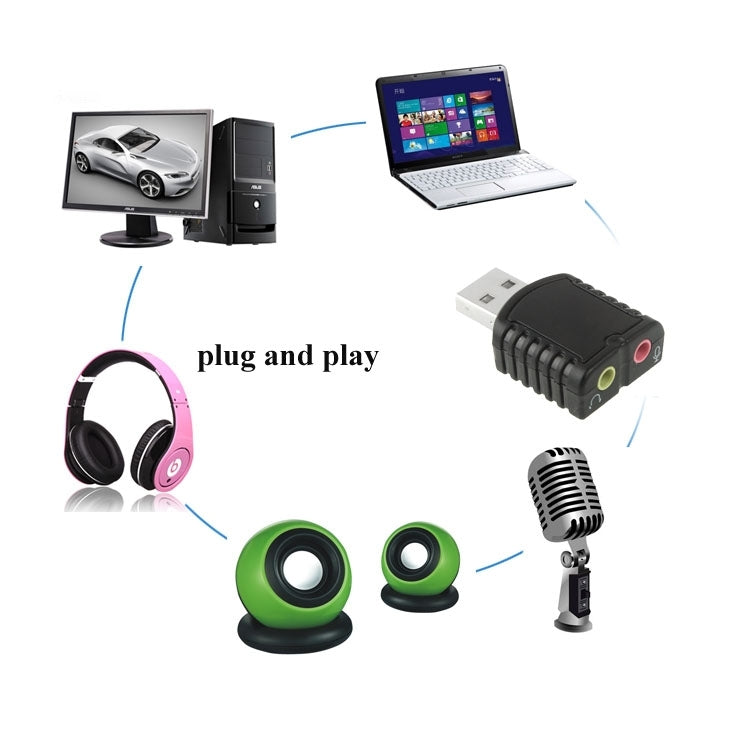 USB 2.0 Stereo Sound Adapter, External Power Not Required, Plastic 5.1 Channel Black