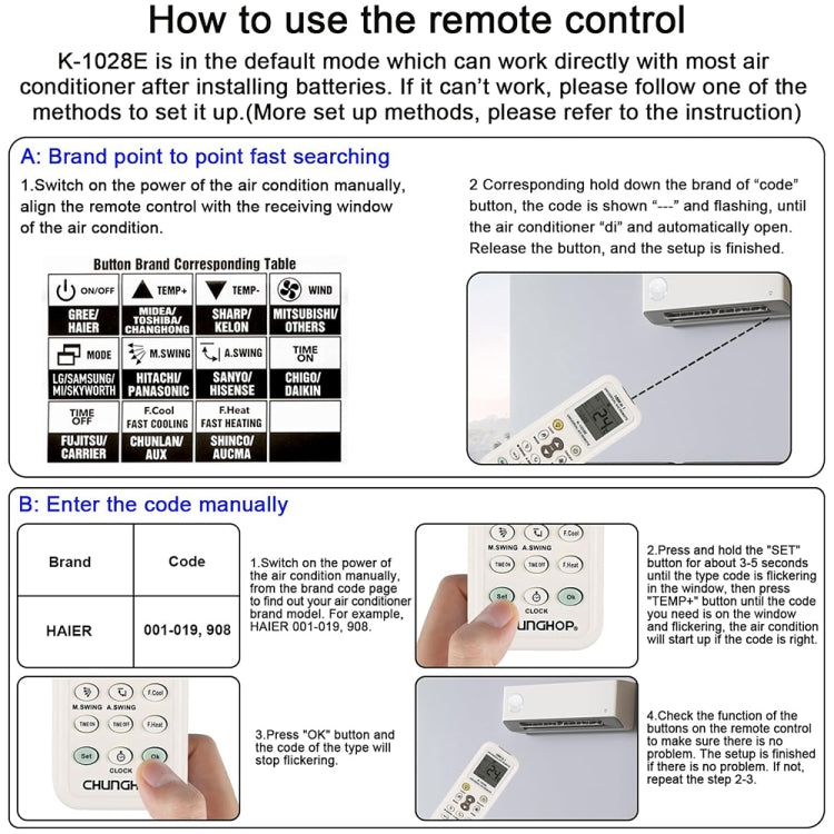 Chunghop K-1028E 1000 in 1 Universal A/C Remote Controller with Flashlight, K-1028E