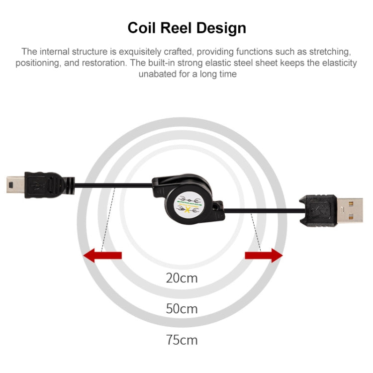 USB Retractable Data & Charger Cable for Motorola V3 / Mobile Phone / MP3 / MP4 / Digital Camera / GPS, Length: 10cm (Can be Extended to 80cm), Black, USB 2.0 to Mini 5 Pin, USB 1.1 to Mini 5 Pin