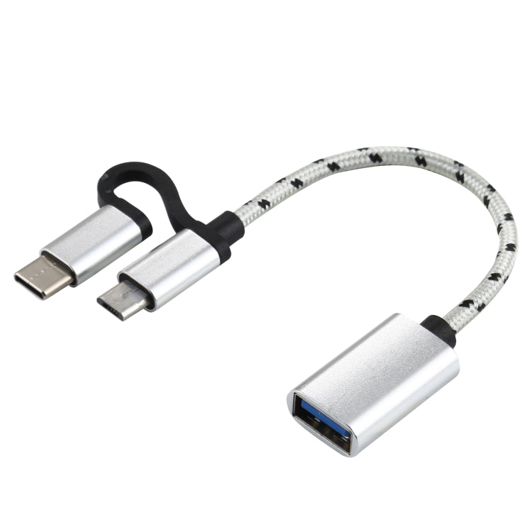USB 3.0 Female to Micro USB + USB-C / Type-C Male Charging + Transmission OTG Nylon Braided Adapter Cable, Cable Length: 11cm, Micro USB Black, Micro USB Blue, Micro USB Red, Micro USB Silver, Micro USB White