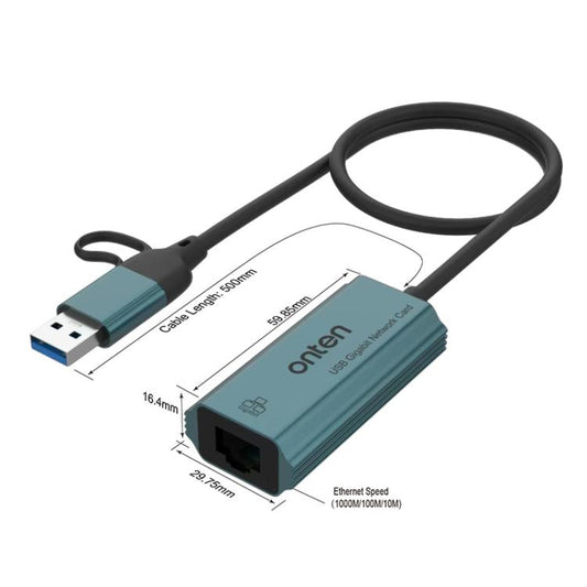 Onten UE101 Carte réseau Gigabit USB3.0 2-en-1 Hub USB Type-C vers port réseau