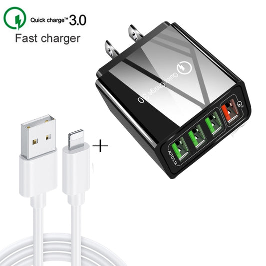 2 in 1 1m USB to 8 Pin Data Cable + 30W QC 3.0 4 USB Interfaces Mobile Phone Tablet PC Universal Quick Charger Travel Charger Set, US Plug, 8 Pin Set US Plug