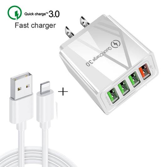 2 in 1 1m USB to 8 Pin Data Cable + 30W QC 3.0 4 USB Interfaces Mobile Phone Tablet PC Universal Quick Charger Travel Charger Set, US Plug, 8 Pin Set US Plug