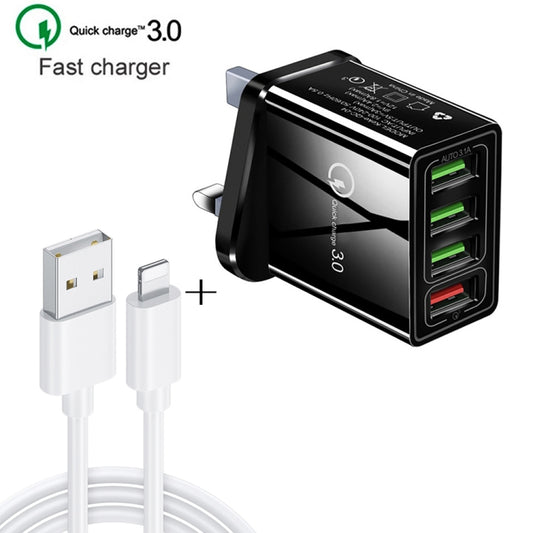 2 in 1 1m USB to 8 Pin Data Cable + 30W QC 3.0 4 USB Interfaces Mobile Phone Tablet PC Universal Quick Charger Travel Charger Set, UK Plug, 8 Pin Set UK Plug